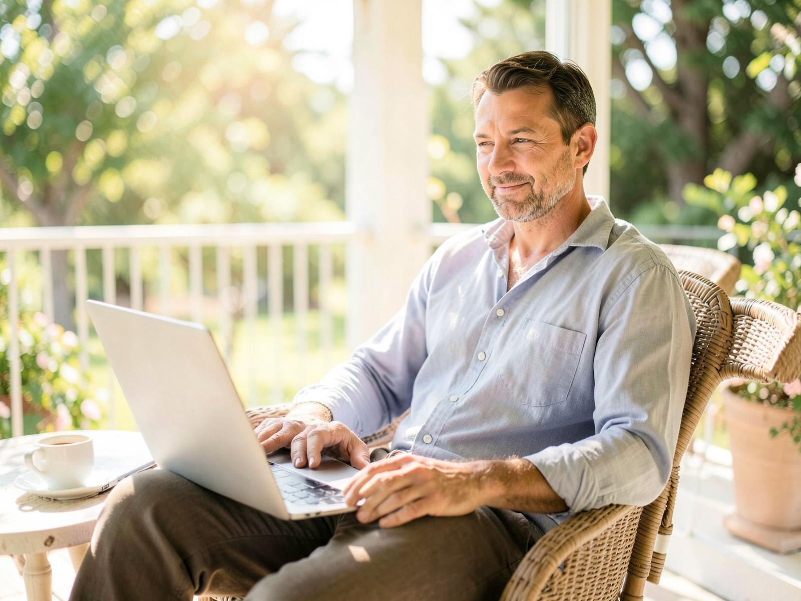 A man sitting on a sunlit porch with his laptop closed beside a coffee