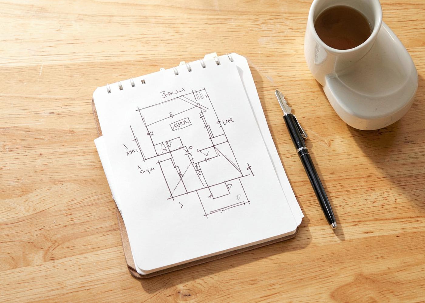 A notebook with a hand-drawn ownership plan, keys, a pen and a mug on a wooden table