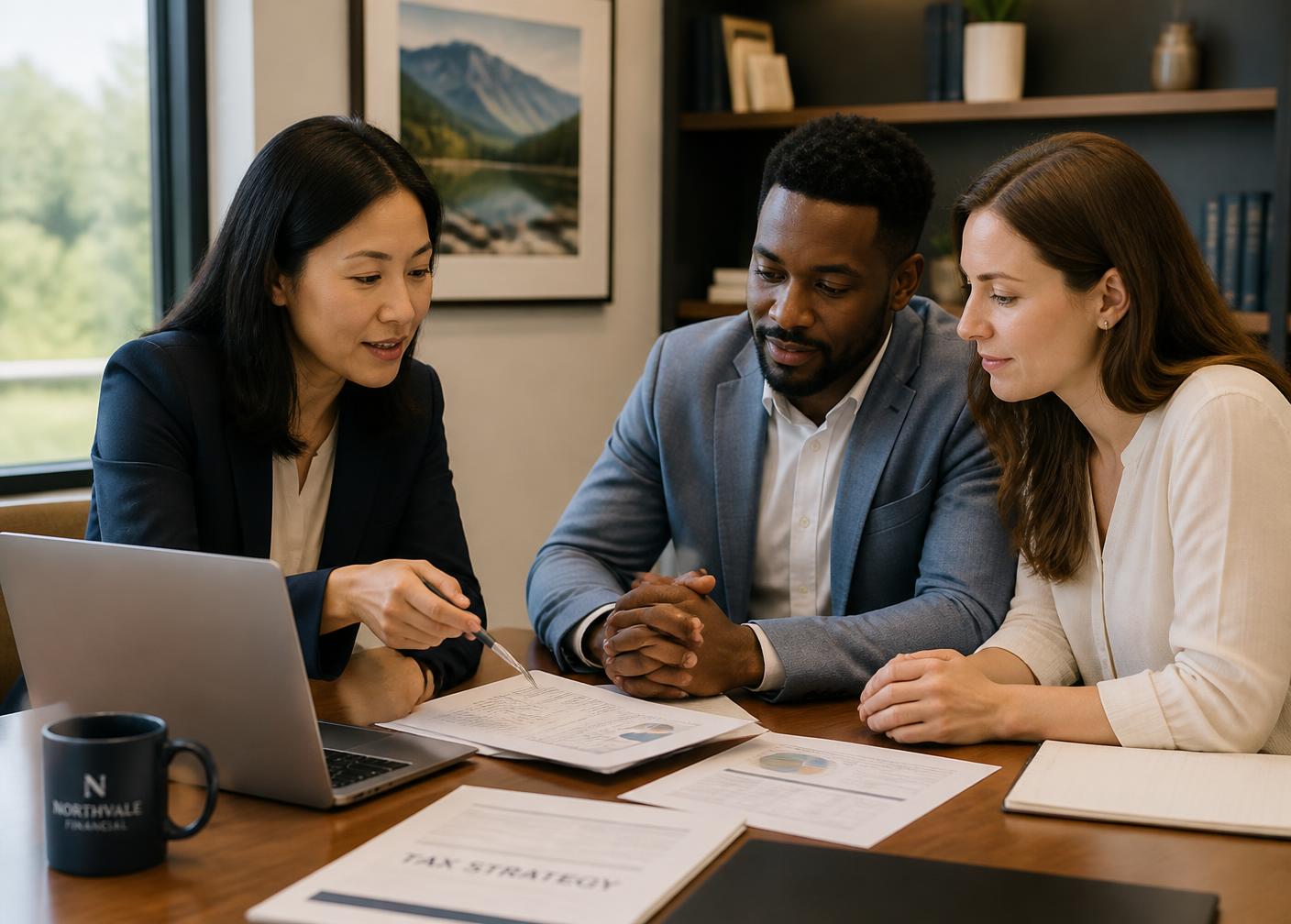 An advisor reviewing tax strategy documents with a couple